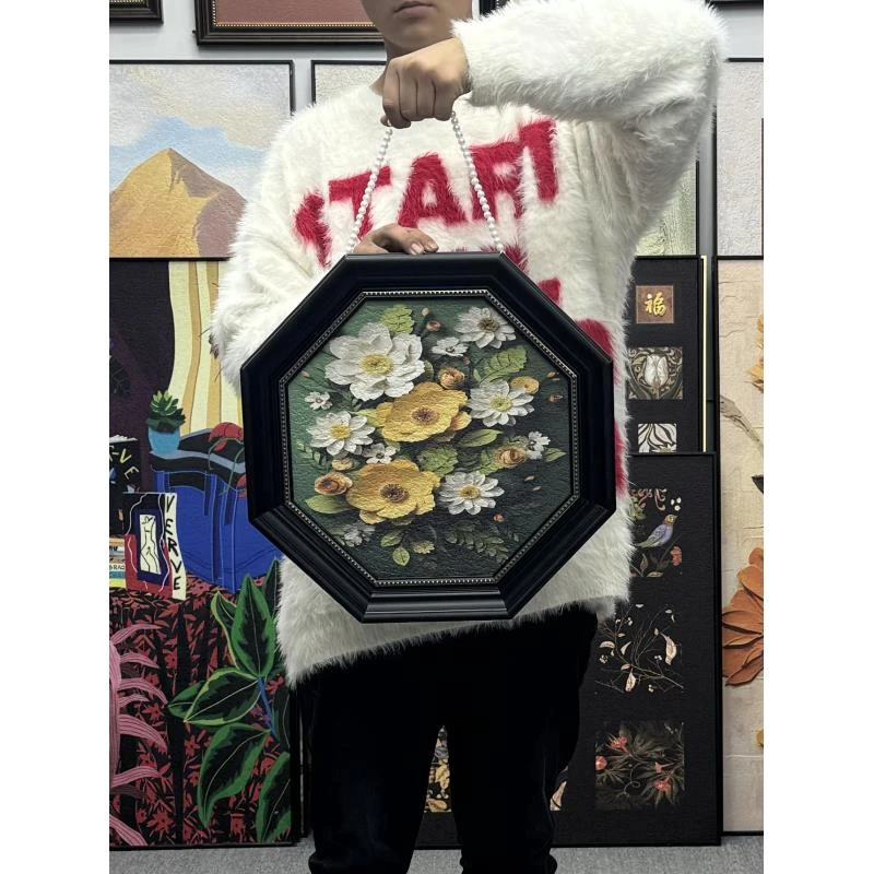 法式复古花卉装饰画餐厅书房挂画珍珠链条美式背景画八角