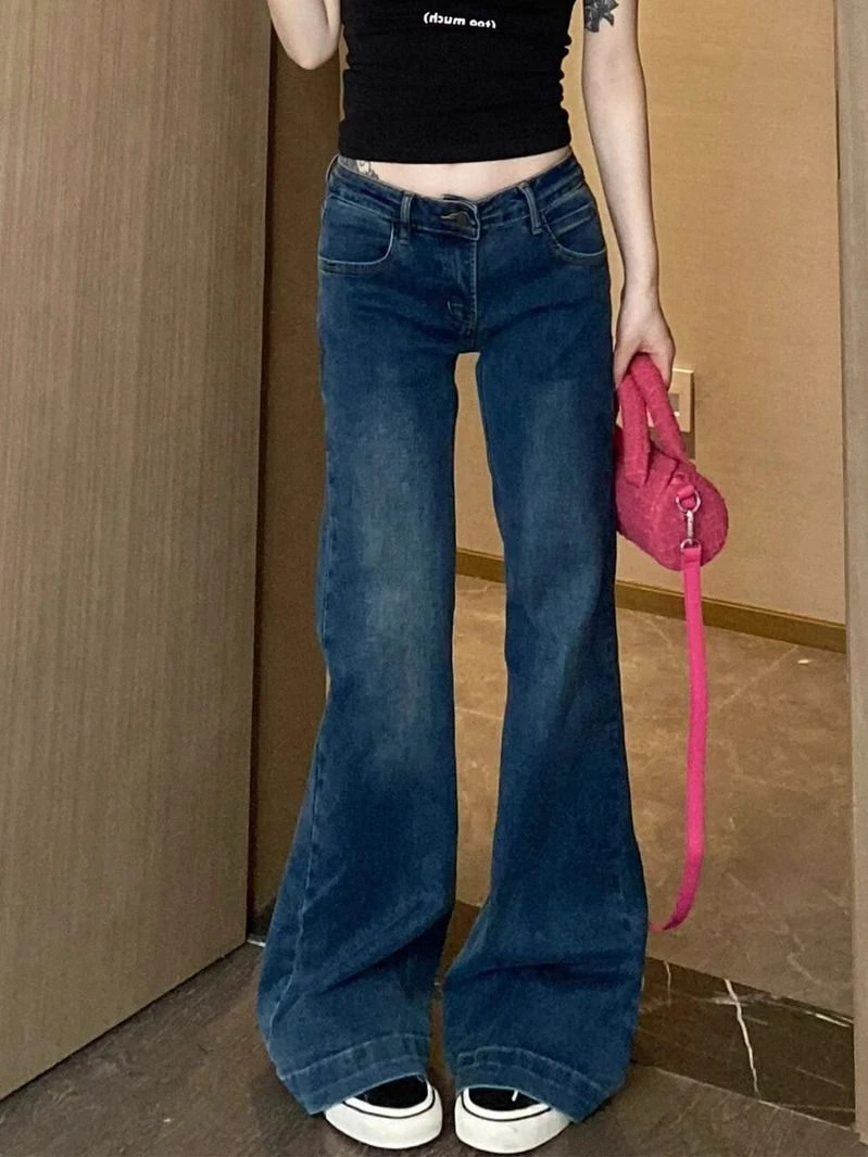 美式千禧辣妹风低腰微喇牛仔裤子女秋季深蓝色复古喇叭拖地长裤子