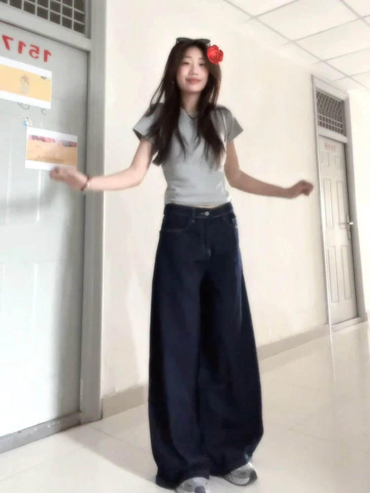 170高个子加长深蓝色牛仔裤女复古直筒裤原色丹宁裤子拖地阔腿裤