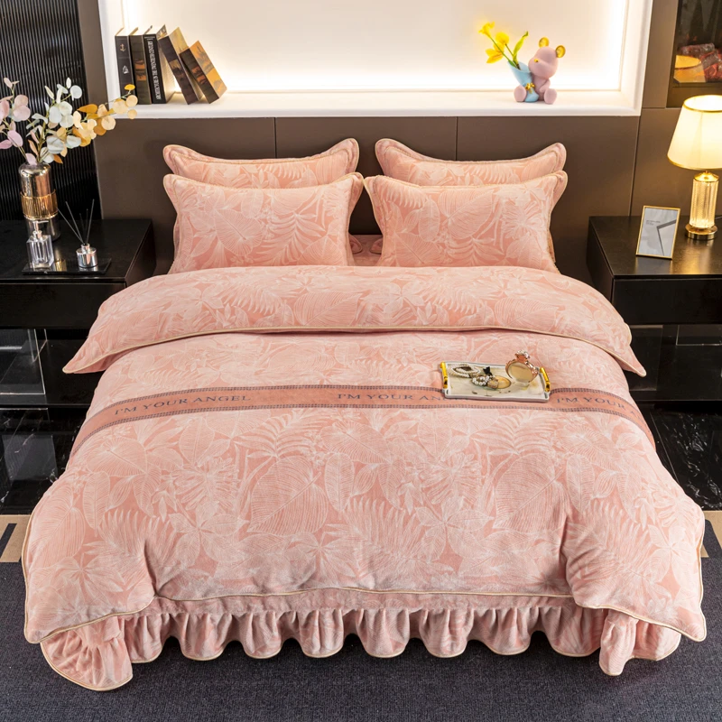 秋冬保暖牛奶绒四件套加厚裙摆款床单被套nf