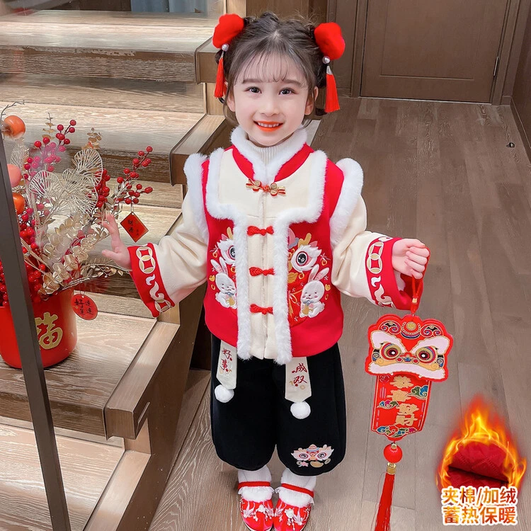 女童冬季红色拜年服套装2023新款洋气中国风4喜庆加绒加厚两件套3
