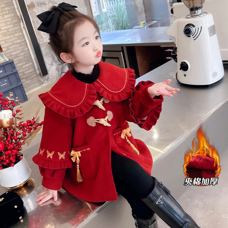 女童夹棉加厚呢大衣2023新款冬季女孩中国风喜庆红色保暖外套冬装