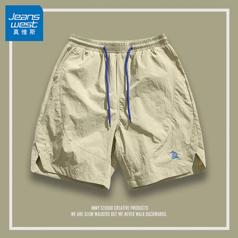 Jeanswest/真维斯冰丝运动短裤男生夏季薄款宽松潮流刺绣五分中裤