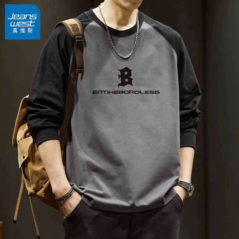 Jeanswest/真维斯潮流男士撞色T恤秋冬宽松休闲百搭打底长袖上衣