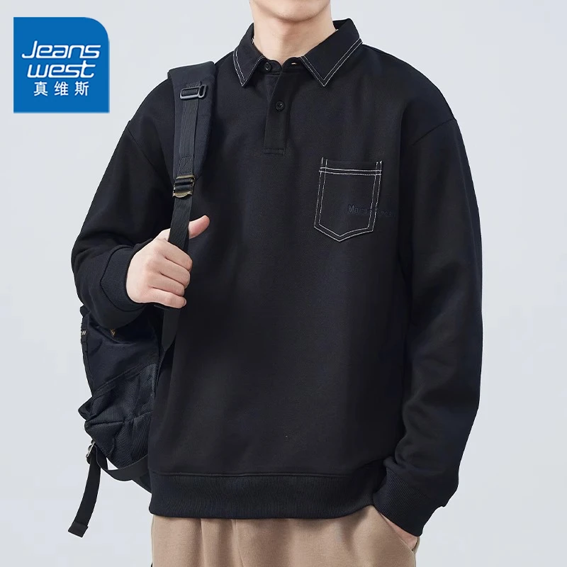 Jeanswest/真维斯潮流男士长袖POLO衫秋冬宽松休闲百搭翻领打底衫