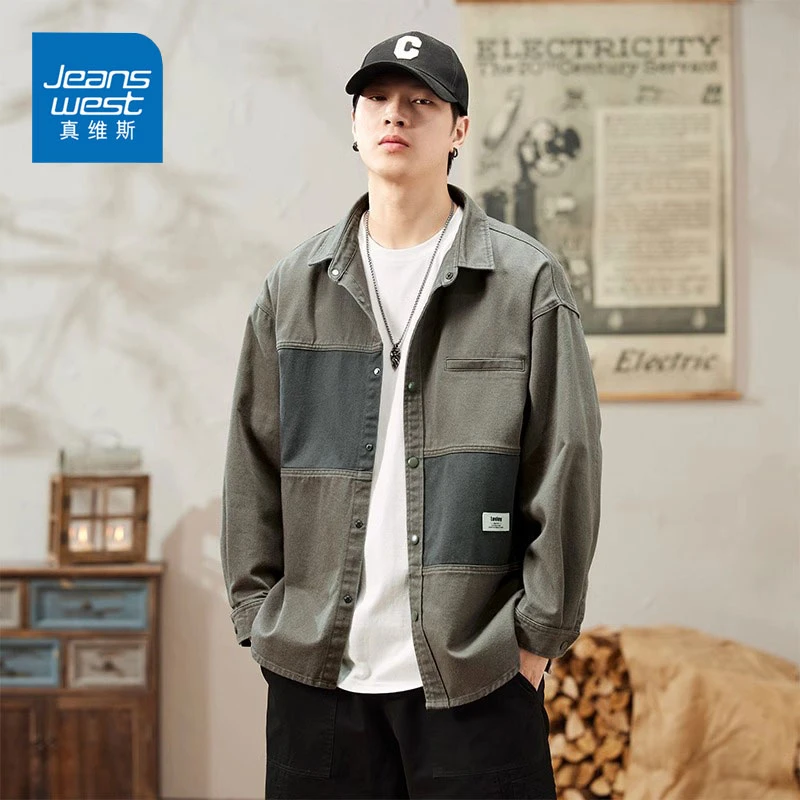 Jeanswest/真维斯男士工装长袖衬衫春秋宽松潮流撞色美式休闲外套