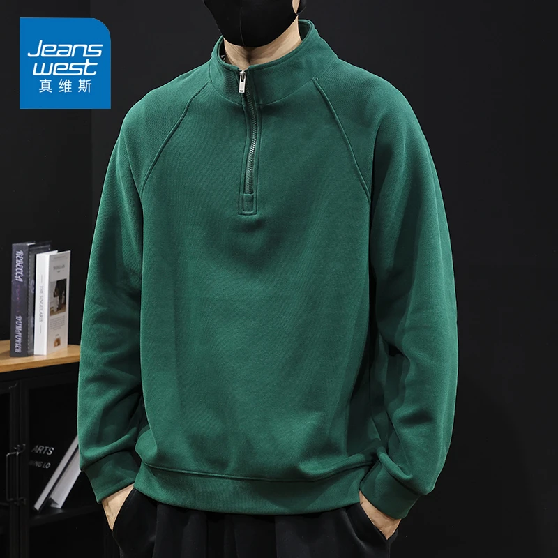 Jeanswest/真维斯男士半拉链卫衣秋冬季宽松简约百搭休闲长袖上衣