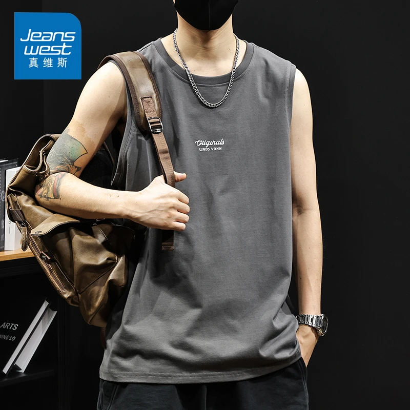 Jeanswest/真维斯纯棉无袖坎肩男生夏季宽松休闲百搭潮牌印花背心