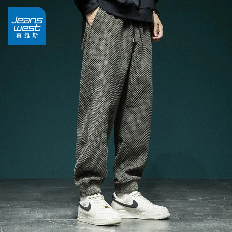 Jeanswest/真维斯男士潮流加绒休闲裤秋冬季宽松百搭灯芯绒束脚裤