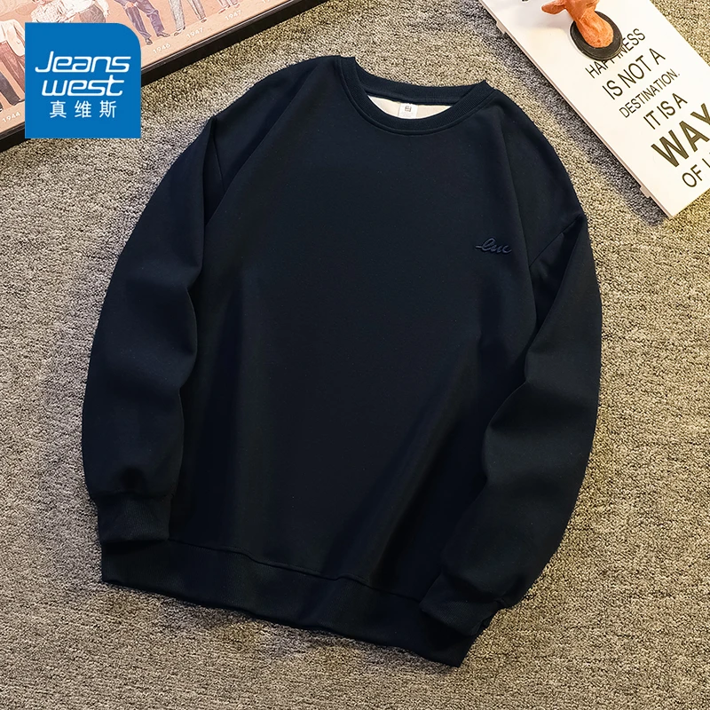 Jeanswest/真维斯男士百搭休闲卫衣秋冬宽松圆领潮流刺绣长袖上衣