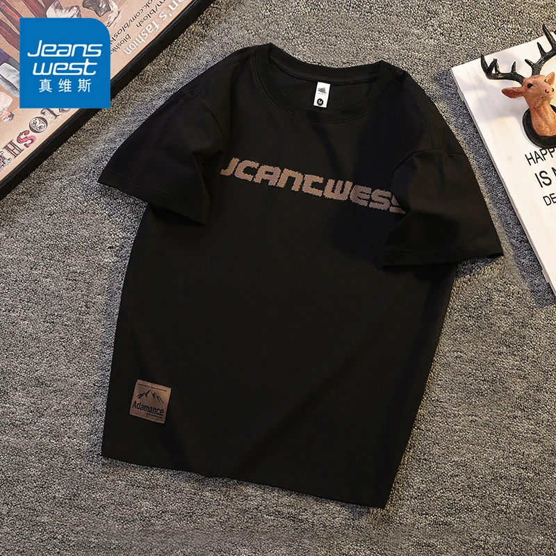 Jeanswest/真维斯男士休闲半袖T恤夏季宽松美式潮牌印花百搭短袖