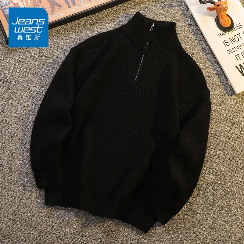 Jeanswest/真维斯男士纯色针织毛衣秋冬季宽松保暖百搭半拉链上衣
