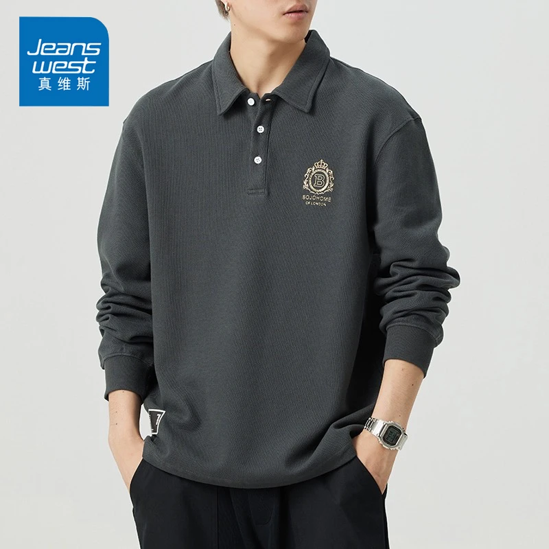 Jeanswest/真维斯潮牌长袖POLO衫男士秋冬季宽松休闲翻领长袖上衣