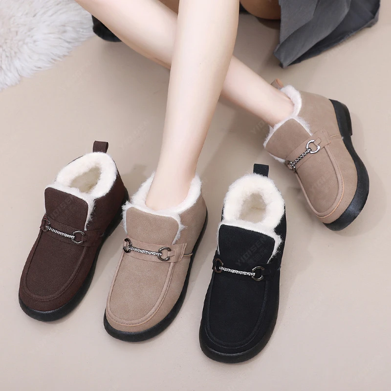 意迪森冬季绵羊毛雪地靴加绒短靴加厚棉鞋平底时尚休闲妈妈鞋