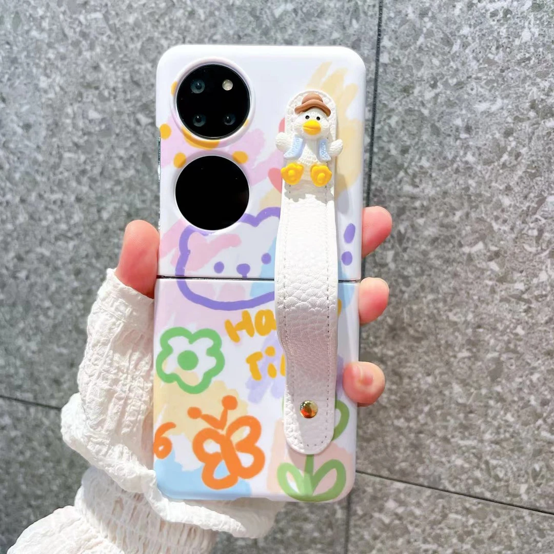 卡通可爱鸭腕带适用华为pocket2折叠屏手机壳oppo三星vivo硬壳ins