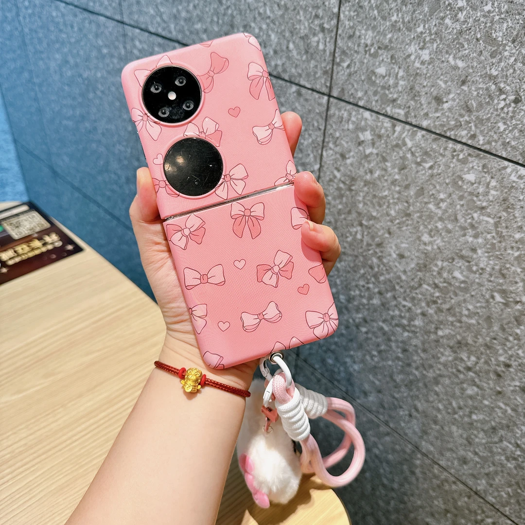 新款粉色蝴蝶结适用华为pocket2折叠屏手机壳OPPOn3flip硬壳手绳