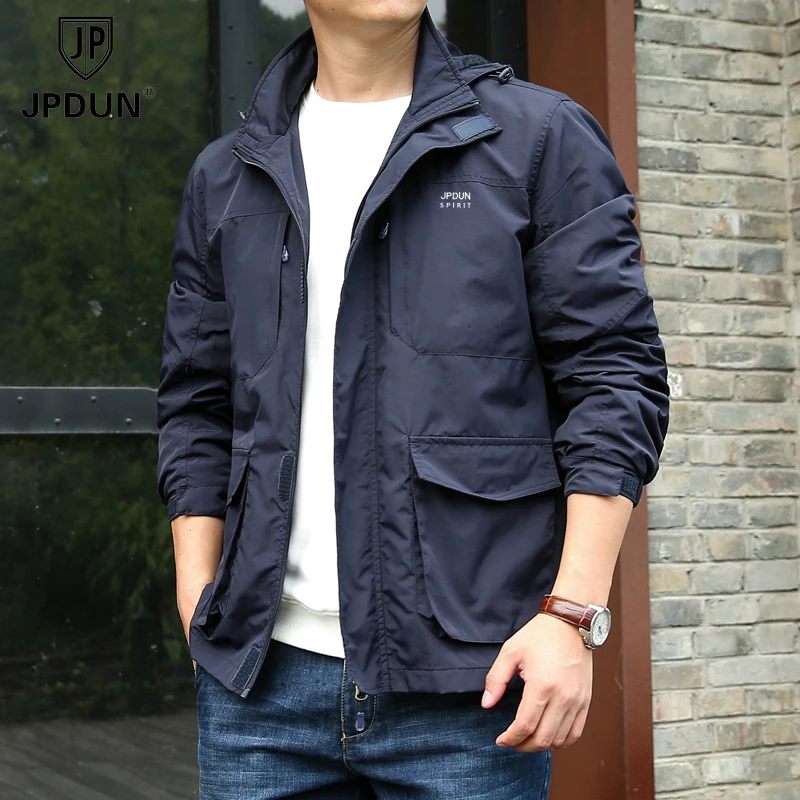 JPDUN/吉普盾春秋季多口袋工装男士休闲夹克宽松连帽商务短外套