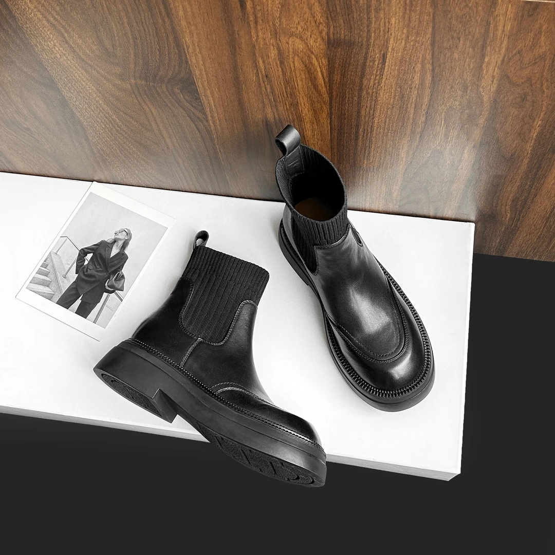 现货】4cm/UM1626A牛皮显瘦弹力袜靴女秋冬加绒厚底圆头粗跟短靴