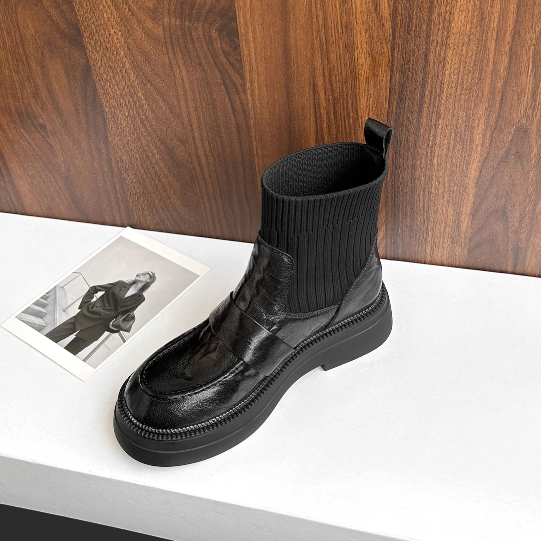 少量现货】4cm/UM1567A牛皮圆头厚底短靴女百搭加绒粗跟袜靴真皮