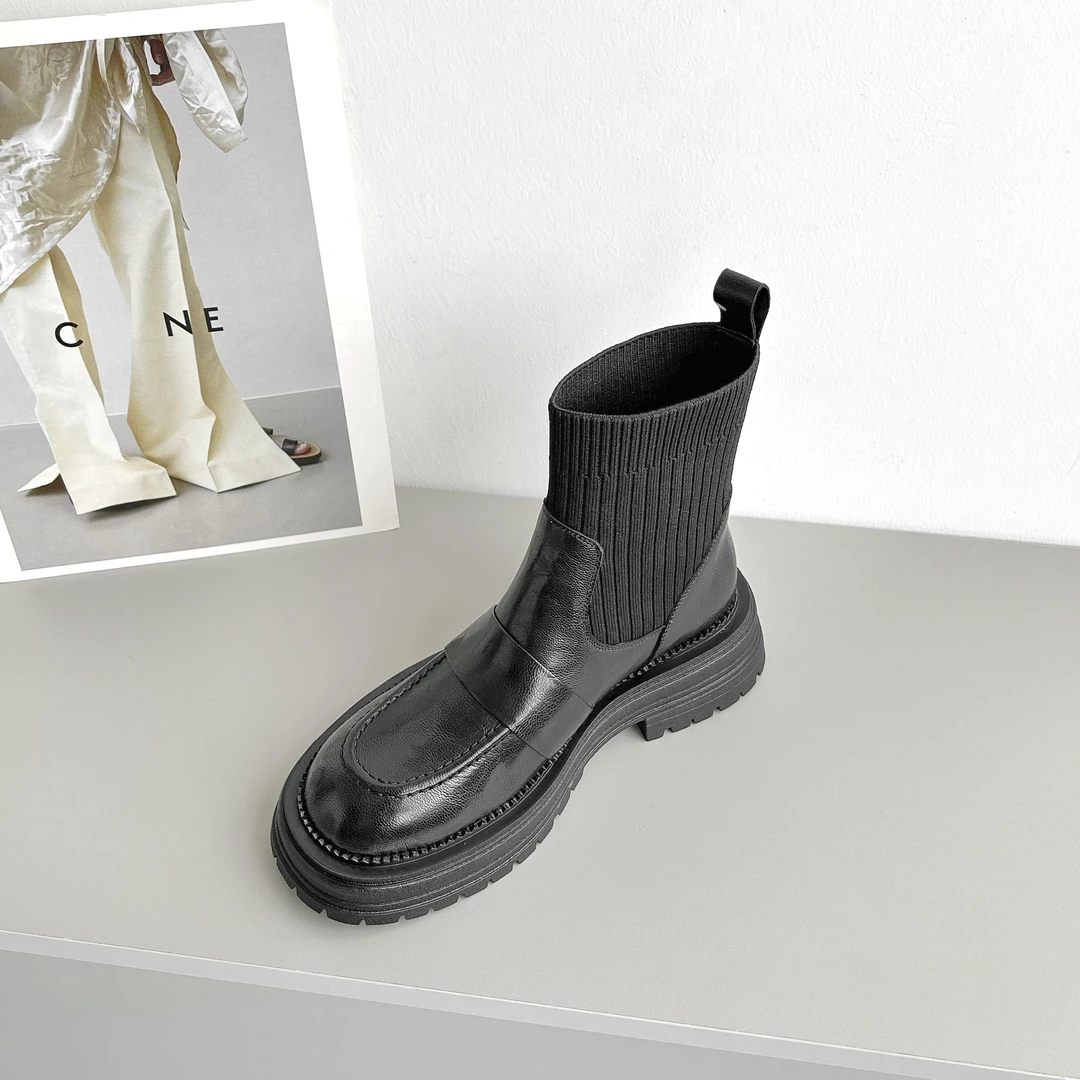 现货，断码福利】UM1518B/4cm牛皮袜靴女真皮短靴平底马丁靴真皮