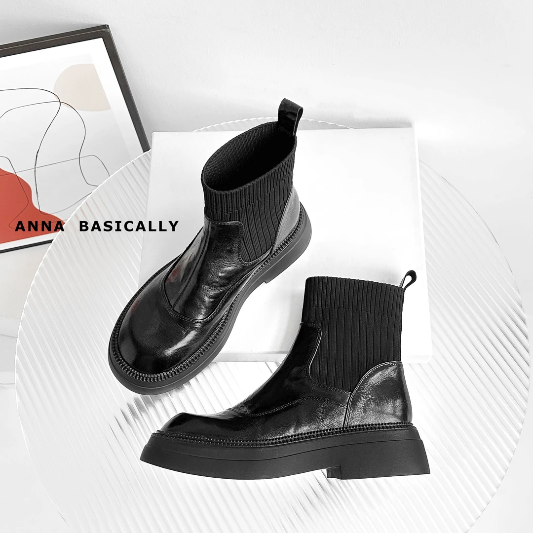 【少量现货】4cm/1581A牛皮厚底增高短靴女秋冬新款袜靴百搭马丁靴