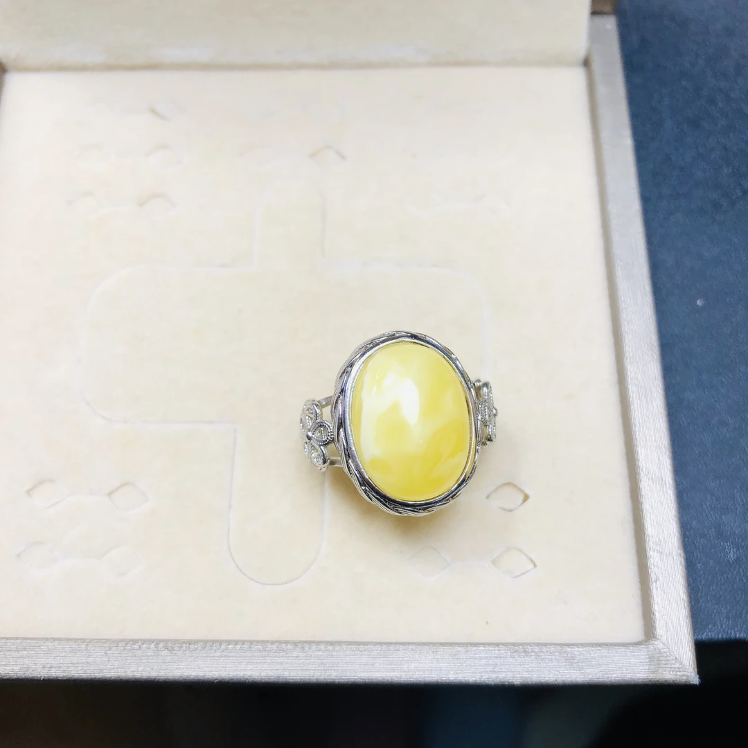 天然蜜蜡12X16MM戒指925银白花蜜琥珀手饰活口可调节指环简单百搭