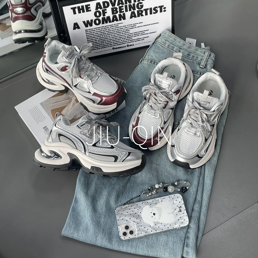 厚底增高老爹鞋女2024新款夏季网面透气休闲运动女鞋小个子小白鞋