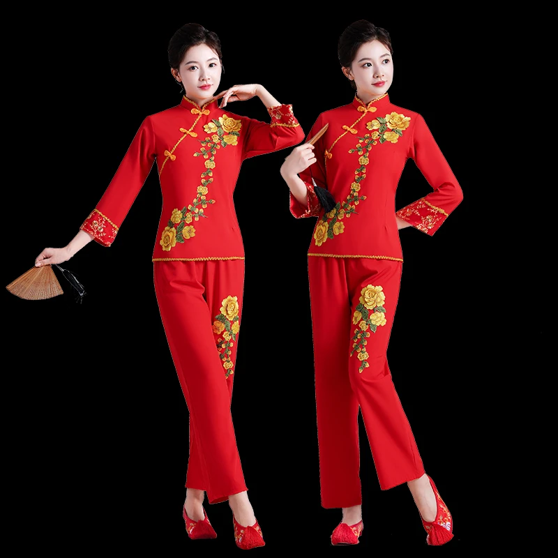 秧歌服女新款民族舞蹈服中老年广场舞套装腰鼓服扇子舞演出服