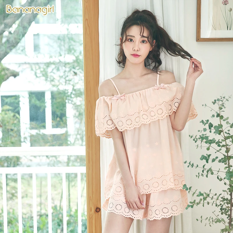 Bananagir纯棉睡衣女宽松性感睡裙夏吊带裙蕾丝家居服甜美CM15202