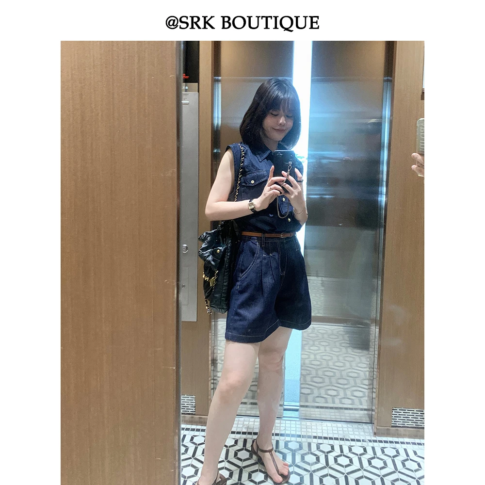 SRK S2XZ0038 法式通勤无袖牛仔衬衫女2024夏高腰百搭短裤两件套