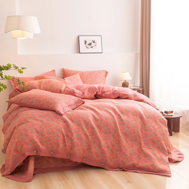 【粉小花】高档婴幼儿三层纱四件套亲肤舒适床品春秋款