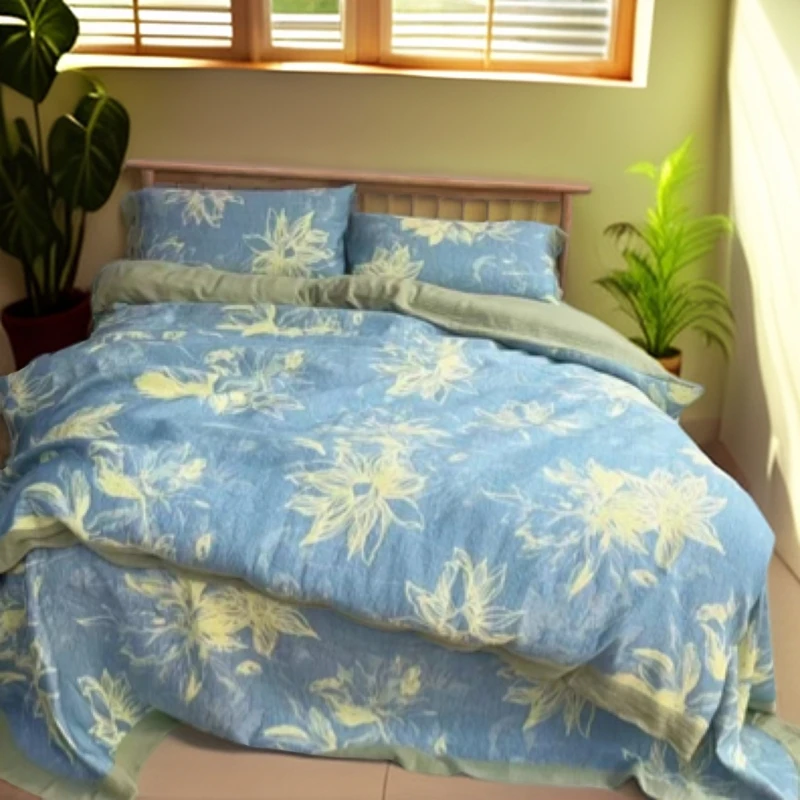 【粉黛家人】全棉三层纱四件套床上用品多功能双面蓝色