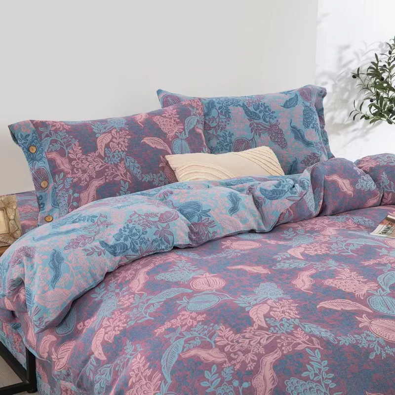 【福禄果】纯棉母婴级色织提花双层纱四件套床上用品复古新款婴儿