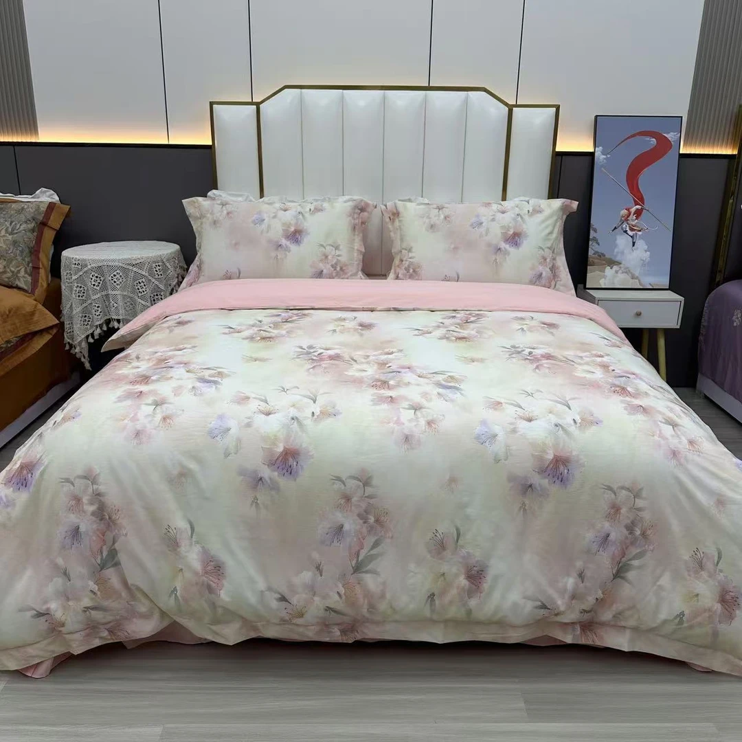 100纯棉设计师款长绒棉超细斜纹全棉四件套 -百年好合-粉