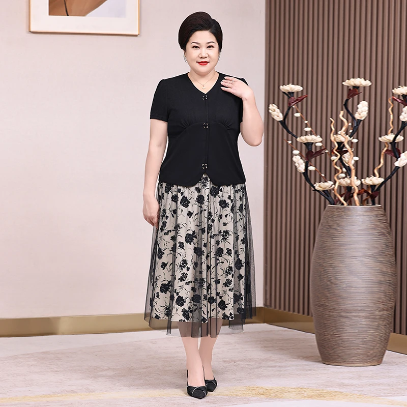 年轻妈妈时尚套装裙子短袖上衣女半身长裙中老年人气质洋气两件套