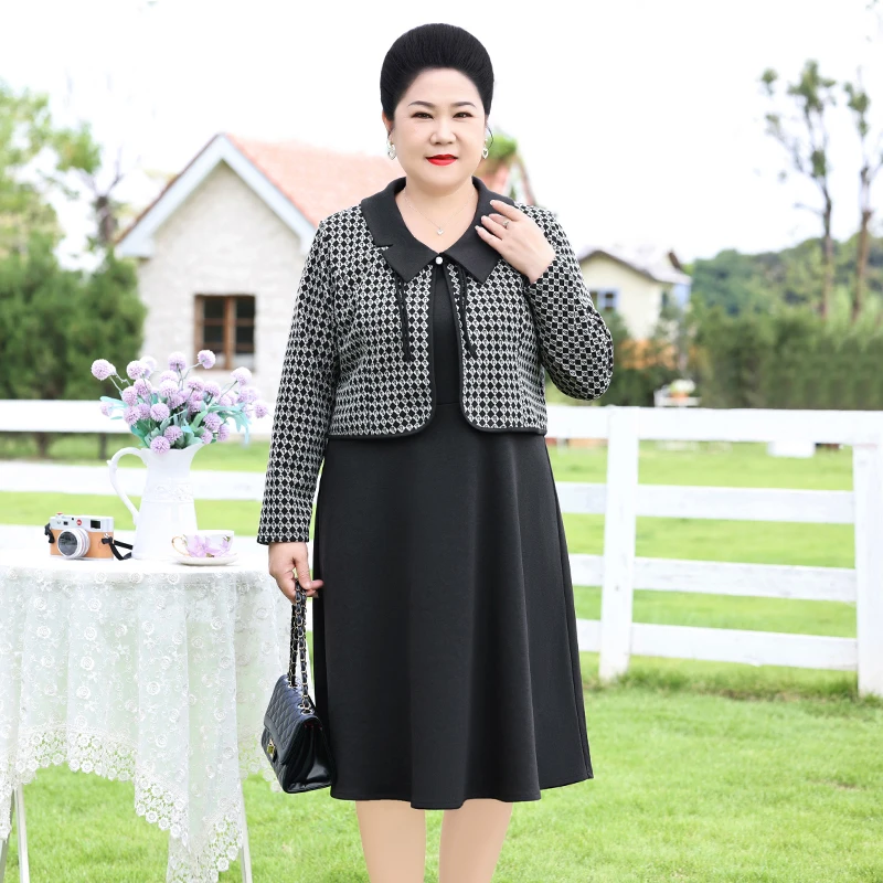 妈妈款洋装秋装套装大尺码格子上衣裙子中老年秋冬新款时尚两件套