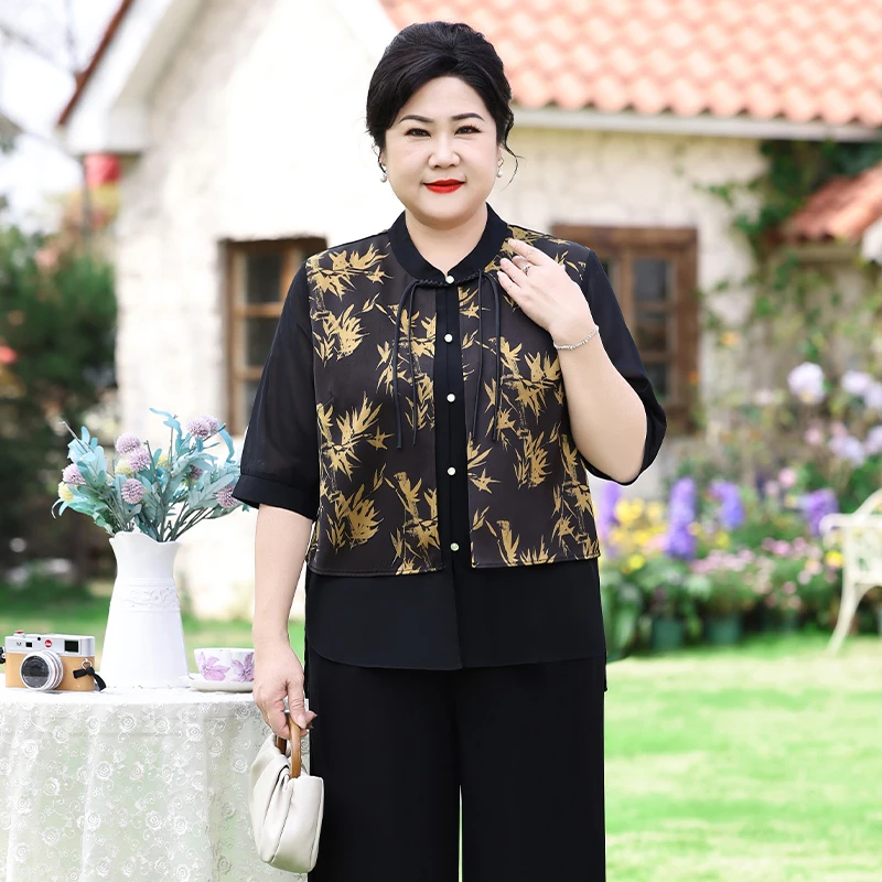 新中式国风雪纺上衣时尚洋气胖妈妈夏装T恤衫中老年大码女装上衣