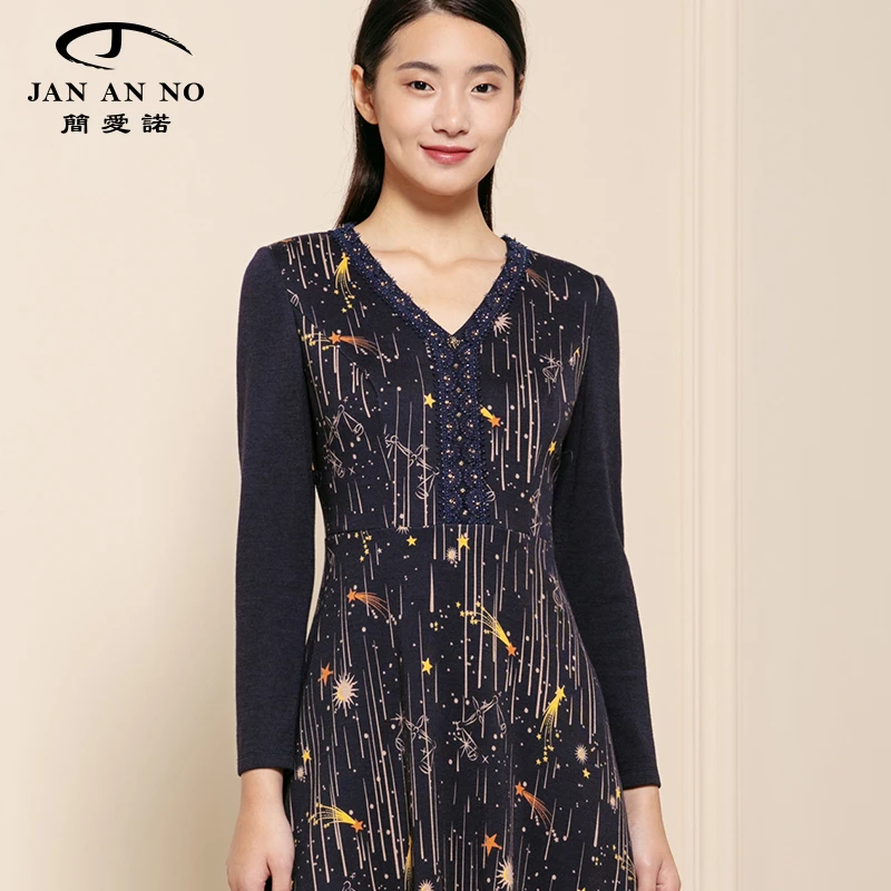 JAN AN NO/简爱诺印花修身V领连衣裙女春秋J2060174LQ