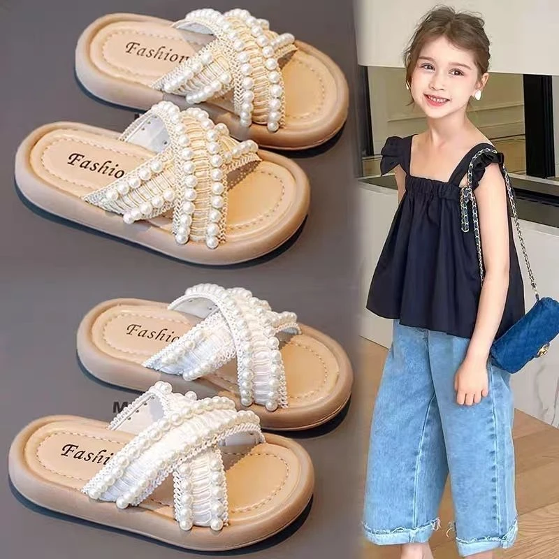 【品牌】女童外穿拖鞋2024夏季新款交叉带珍珠公主鞋软底防滑沙滩鞋