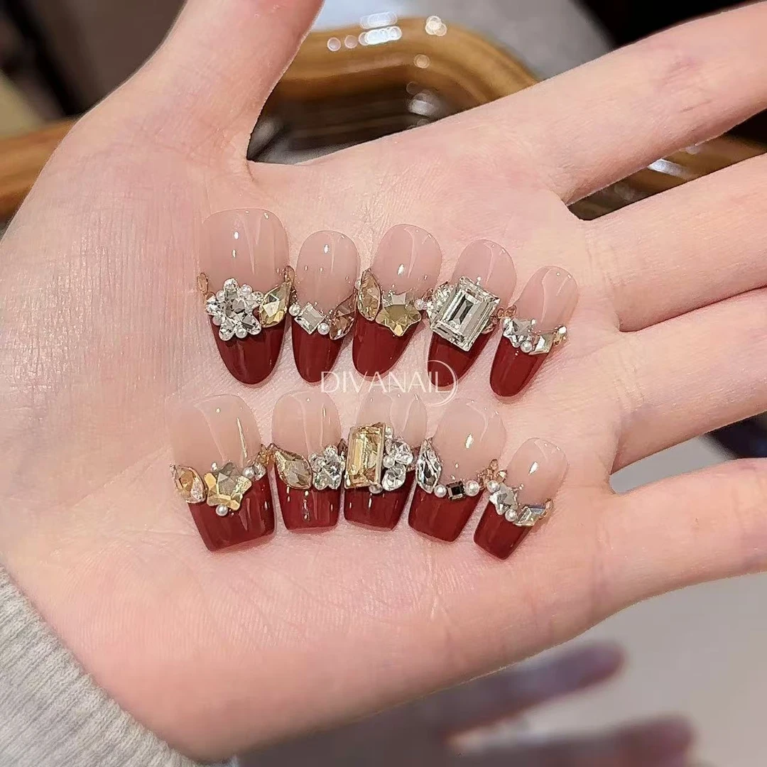 开大运 全华红法式满钻手工定制穿戴甲