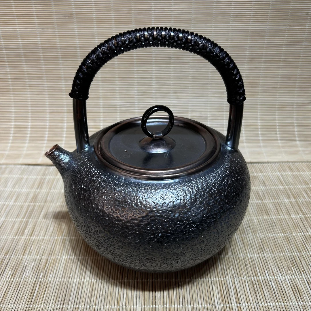 紫铜苹果型一张打手工锤纹复古黑玛瑙摘扭提梁煮茶壶烧水壶700ml