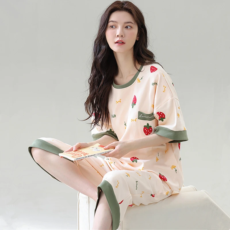 【拍一发三】睡衣女夏季短袖薄款七分裤新款休闲纯棉大码家居服套装
