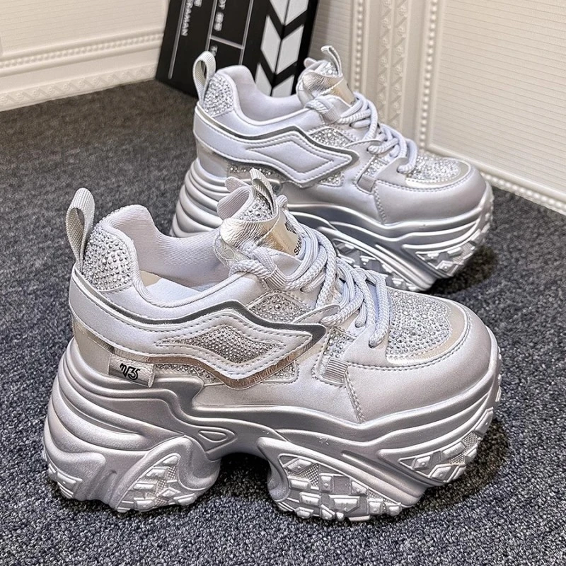 10CM厚底老爹鞋女新款水钻银色内增高女鞋运动休闲小个子松糕鞋女