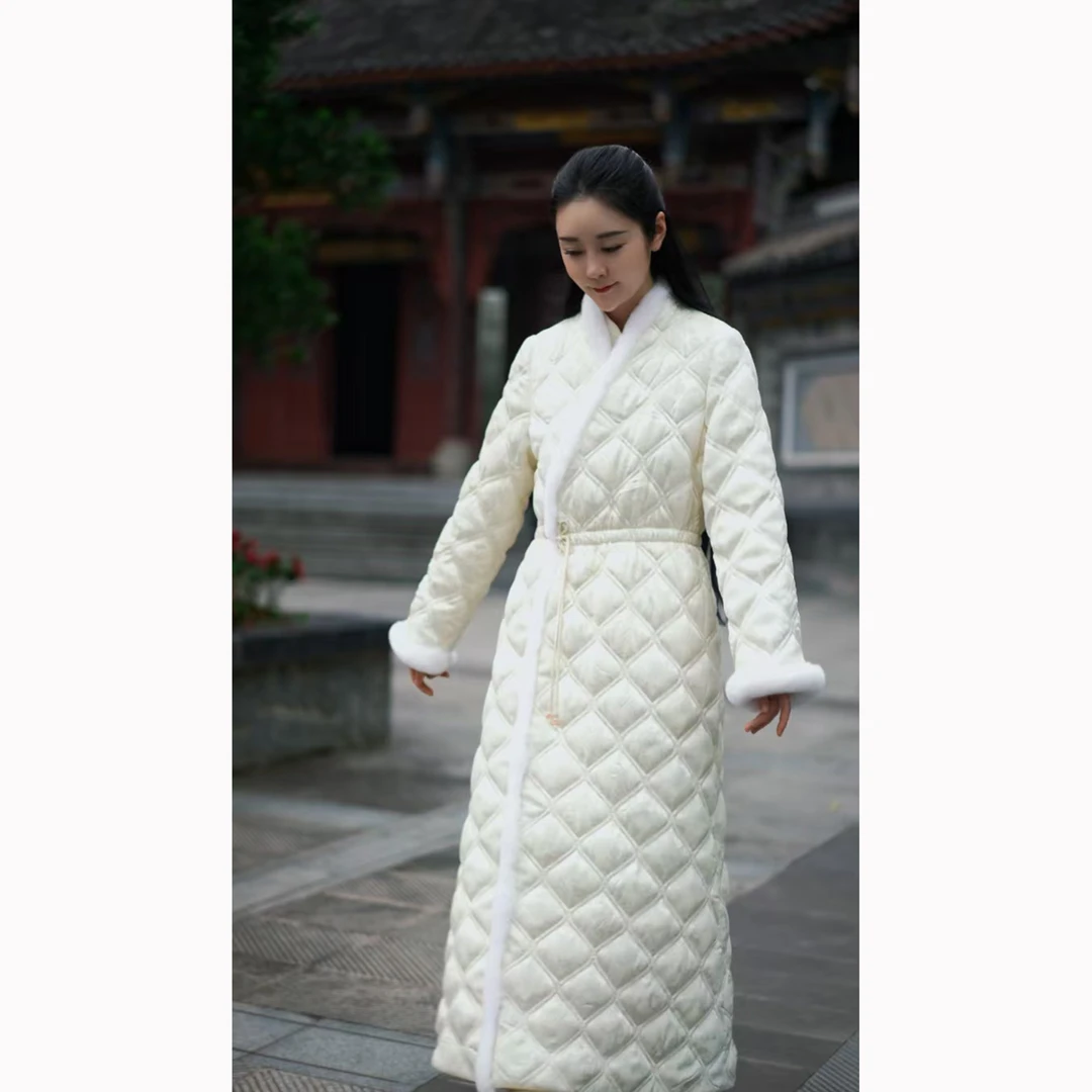 【素若】新中式冬季白色百搭气质交叉领复古保暖长款外套