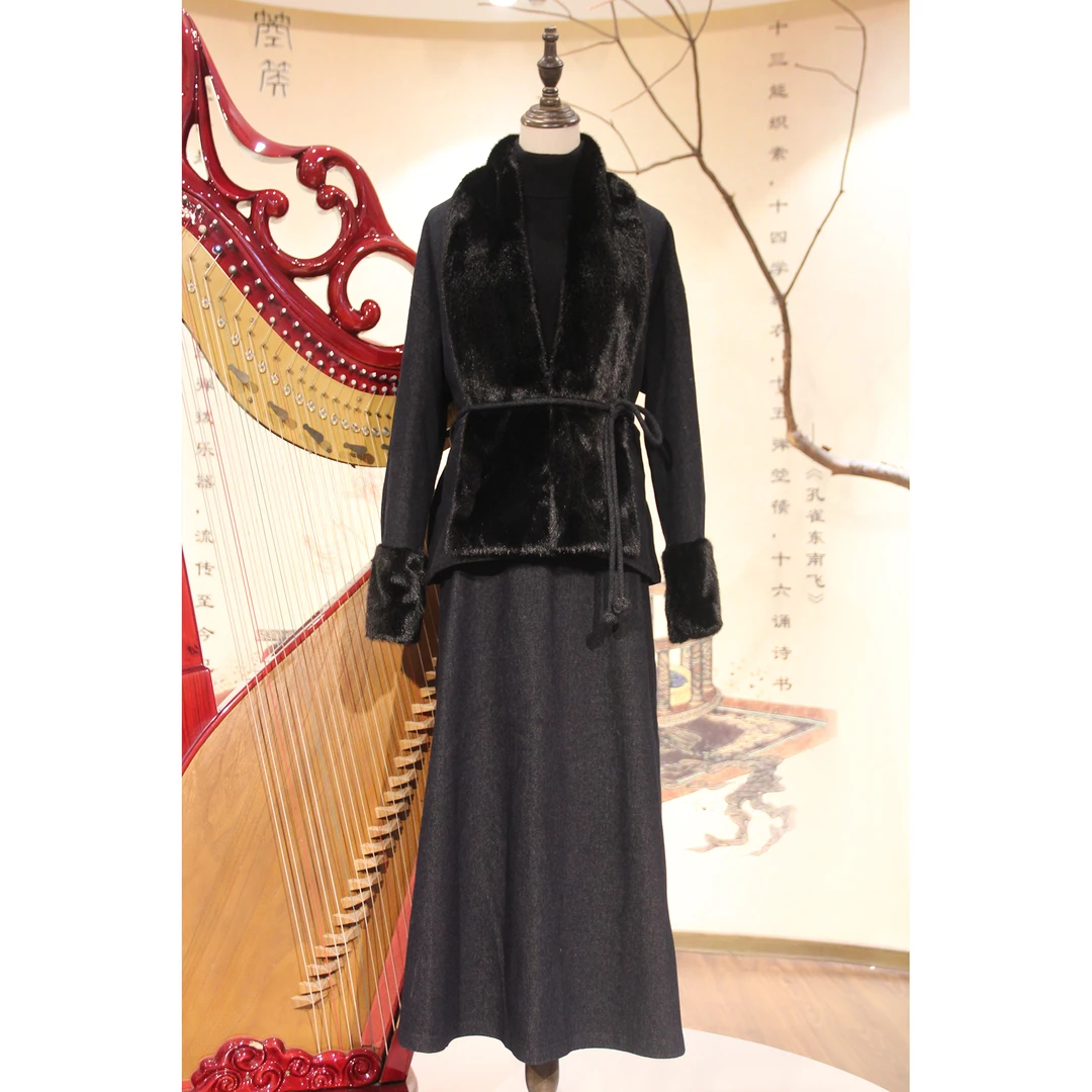 【墨色生香】秋冬季轻奢气质深蓝色时尚显瘦重工长款套装