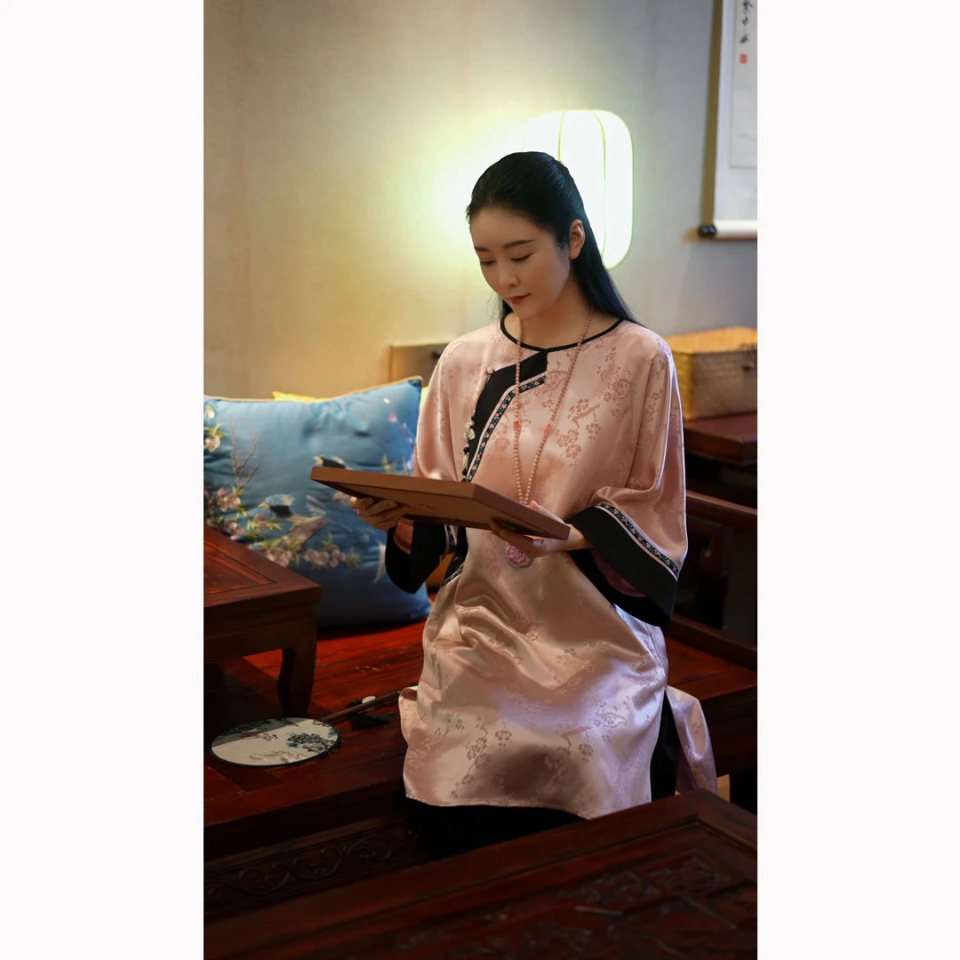 【黛若浅香】新中式国风暗纹提花垂感气质设计感斜襟长款上衣