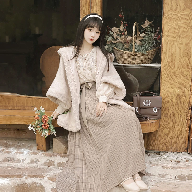 白茶可可改良新中式汉服女国风日常大衣衬衣半裙汉元素套装秋冬