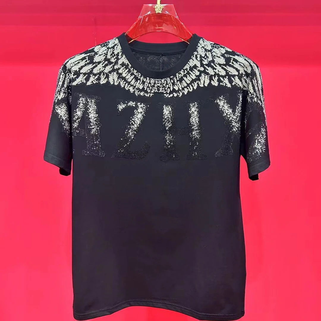 11550设计师短袖上衣老虎镶钻半袖纯色圆领青春T恤男百搭轻奢潮流