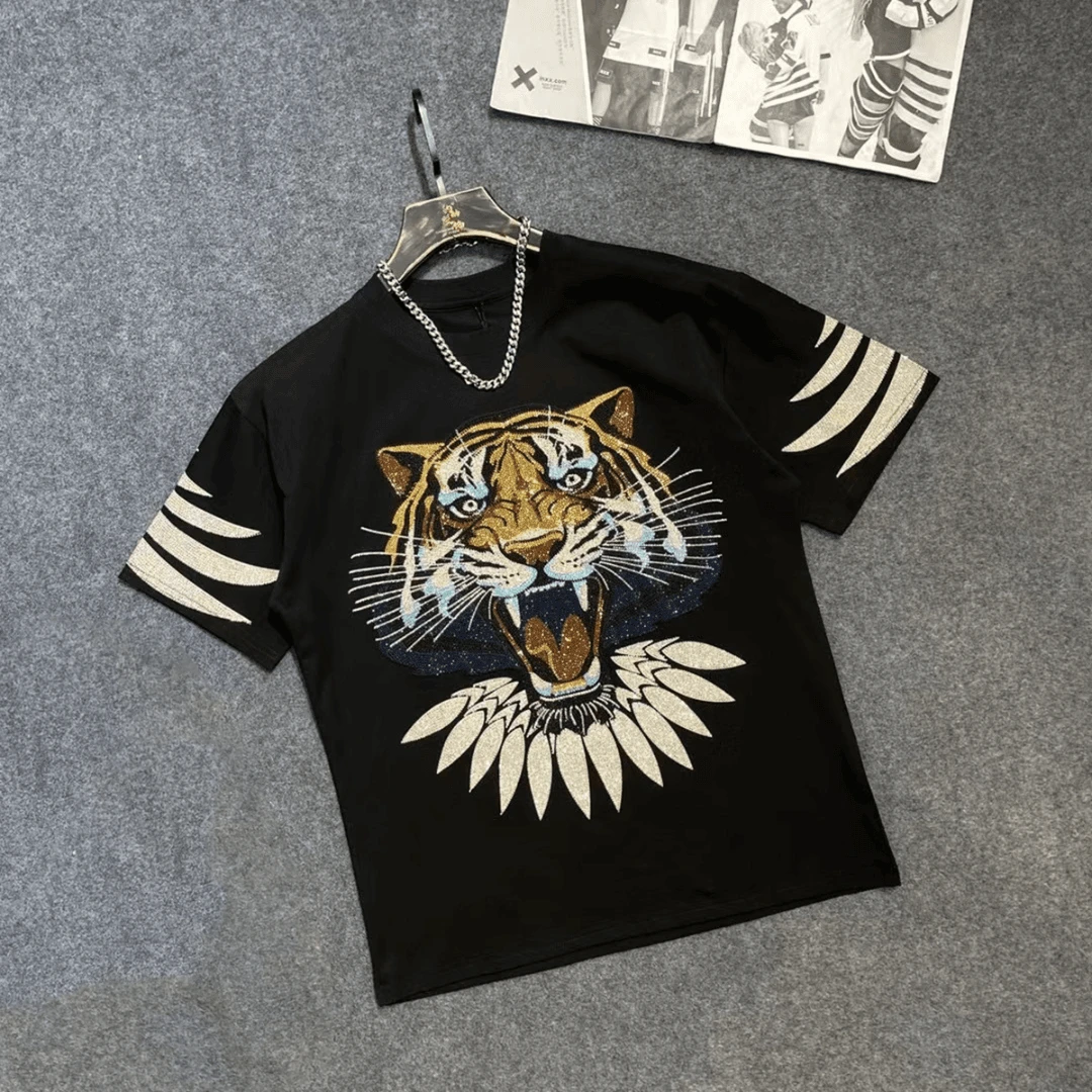 11756#男士男装时尚半袖修身小众设计师个性帅气圆领痞帅重工满钻