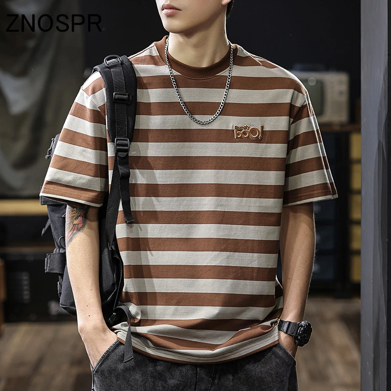 美式小领口条纹短袖经典T恤男夏季宽松日系复古半袖男士潮流体恤